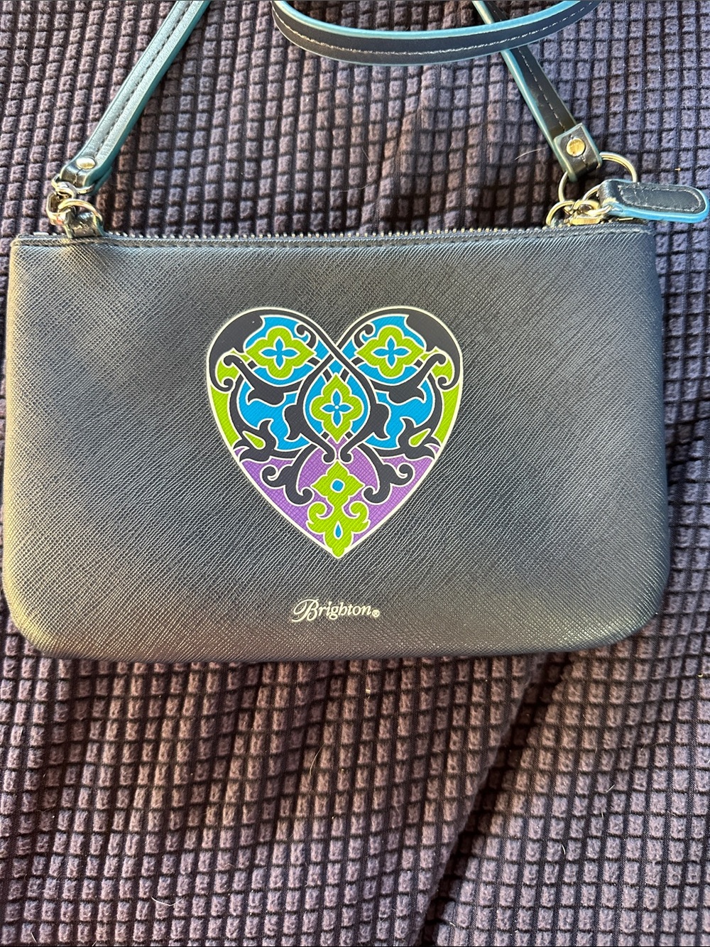 Brighton Navy Crossbody with Multicolor Decorative Heart.